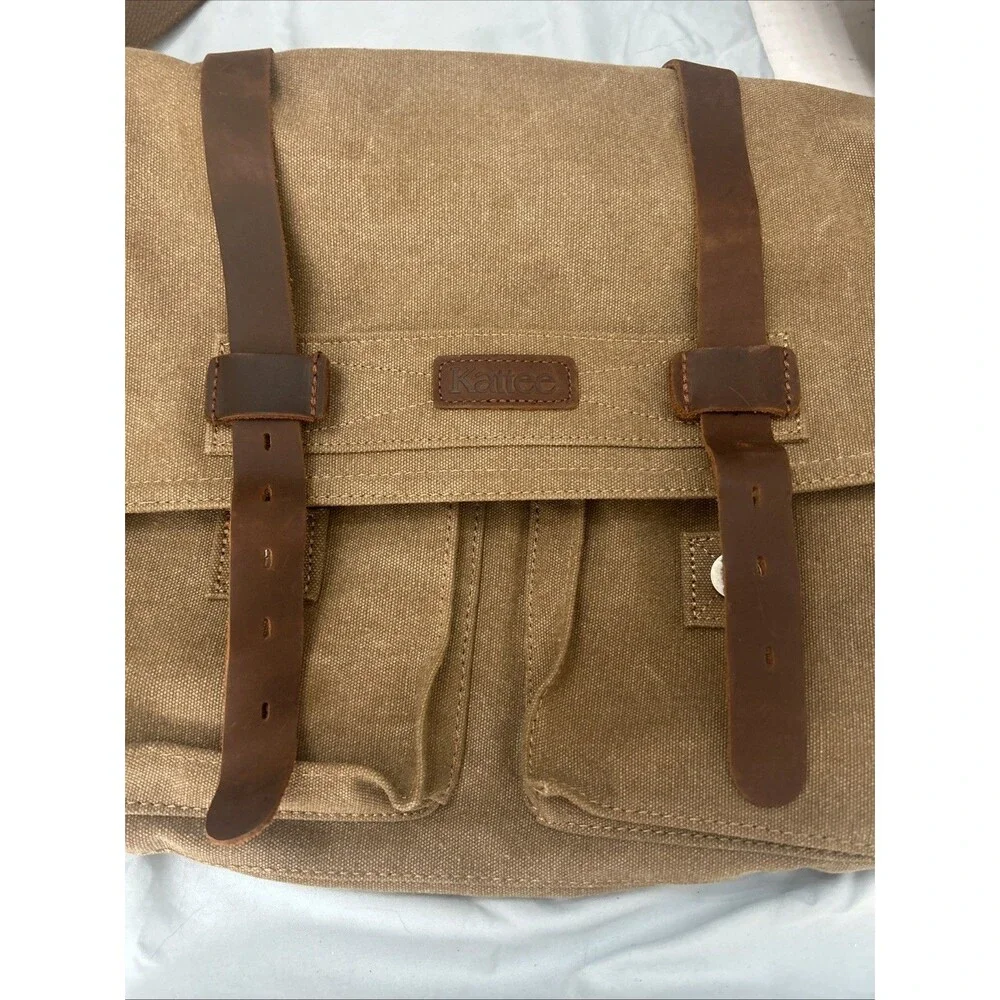Kattee Leather Canvas Camera Bag Messenger Shoulder Bag Khaki